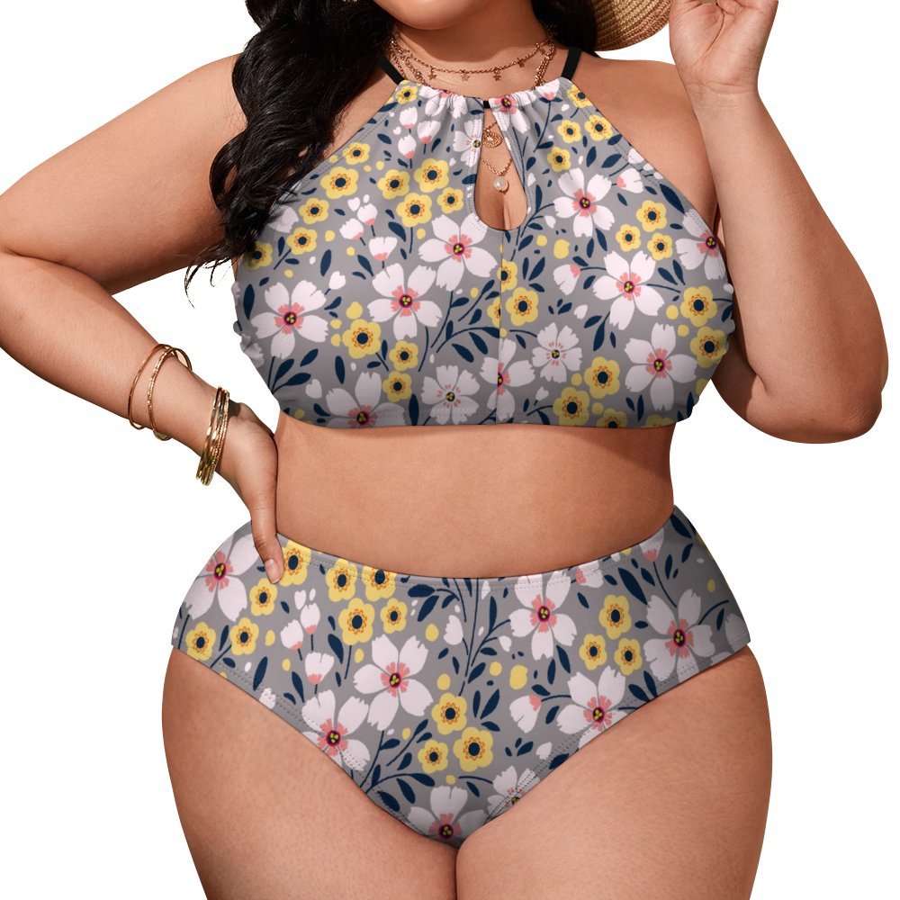 Plus Size Bikini Swimsuit, Tummy Control, Floral Print. Model front view.