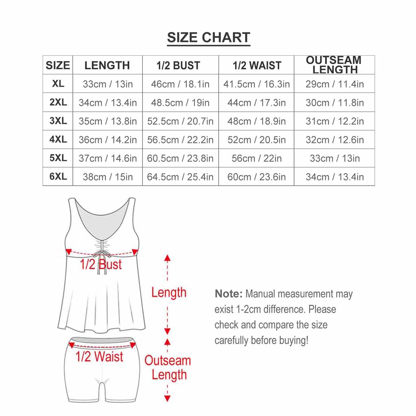 Plus size swimdress size chart (XL-6XL) with bust, waist, and shorts outseam length.