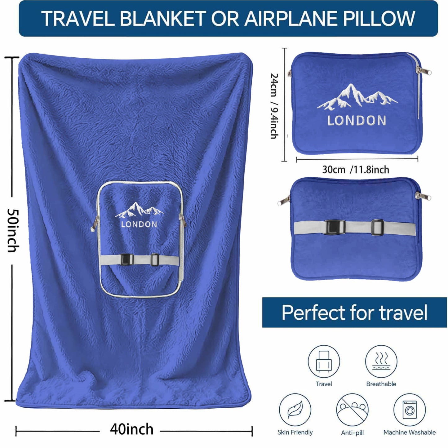 Travel blanket size guide showing 50x40 inch dimensions.
