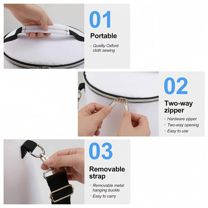 Portable Barrel Cooler Bag details: quality handle, two-way zipper, and removable strap features.