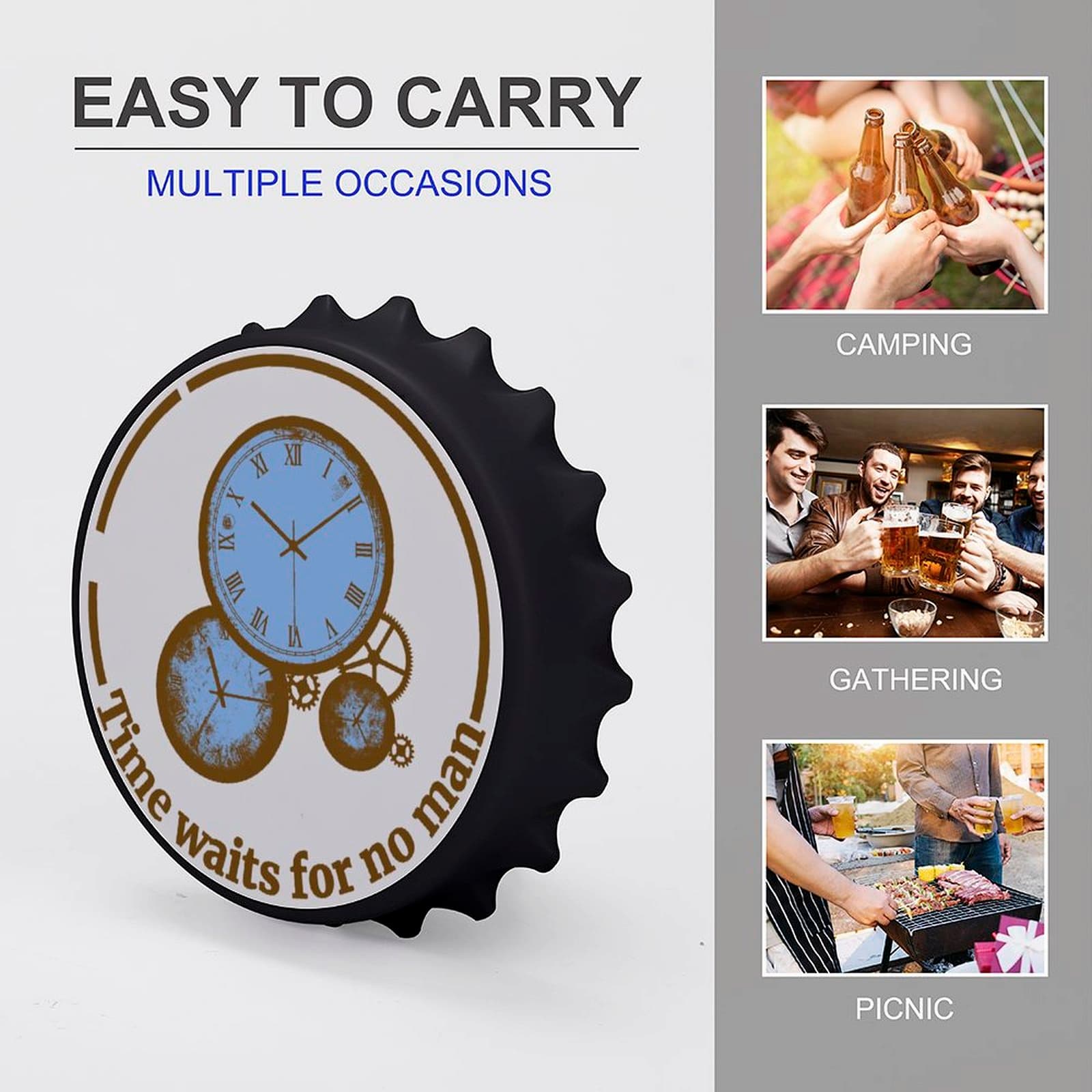Portable custom magnetic beer opener with clock design, shown with use cases: camping, gathering, and picnic; easy to carry bottle opener.