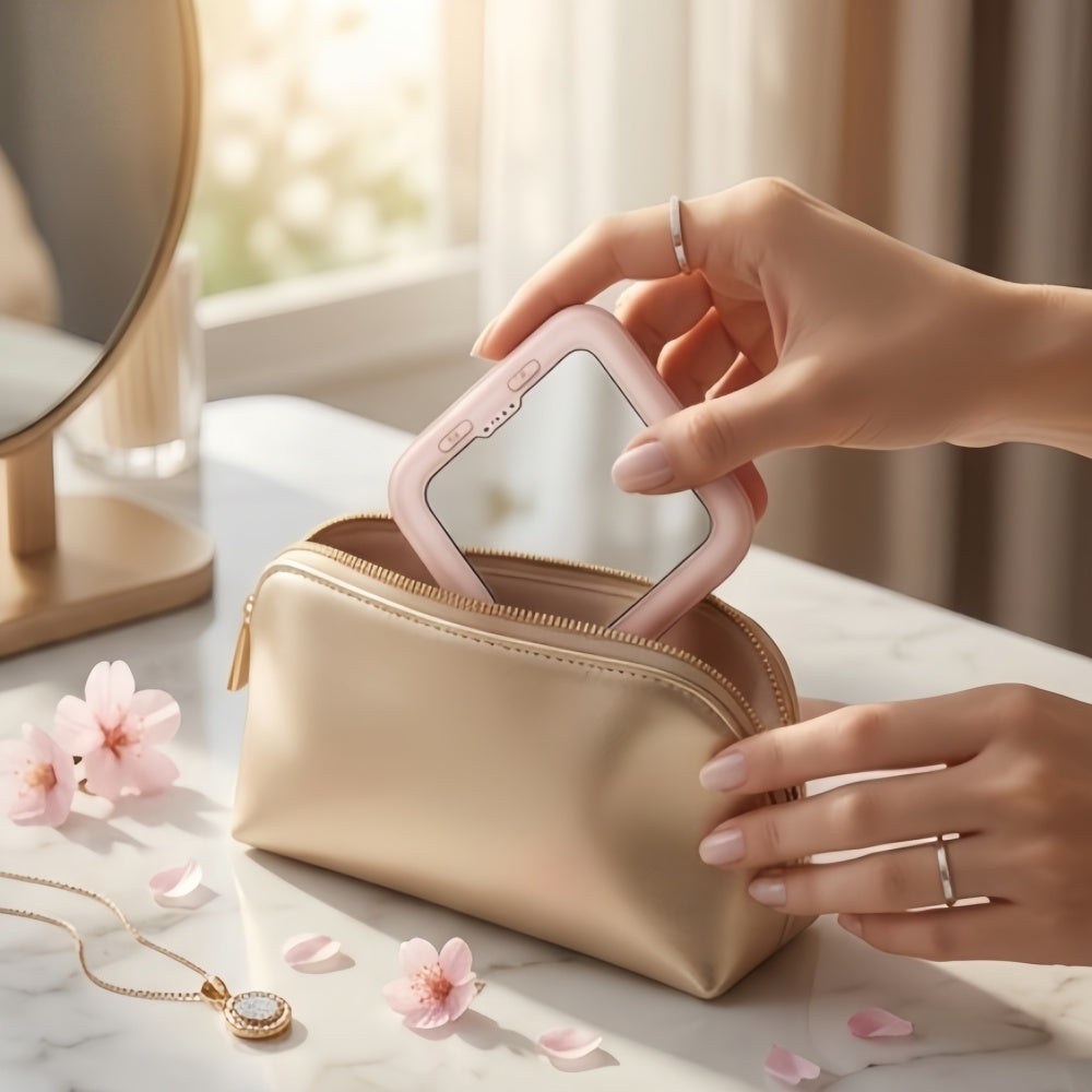 Pink portable mirror power bank tucked into a makeup bag.