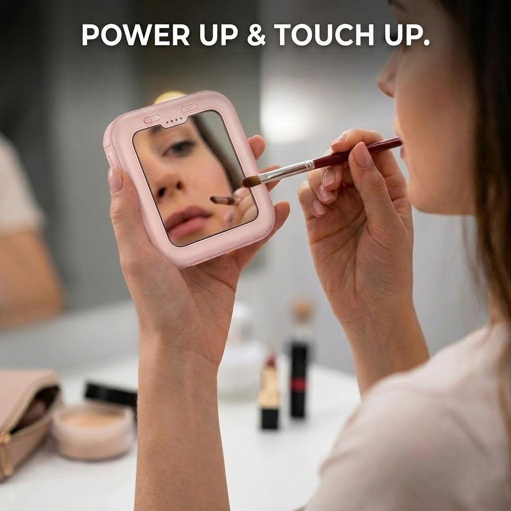 Portable power bank used as a makeup mirror for touch ups.