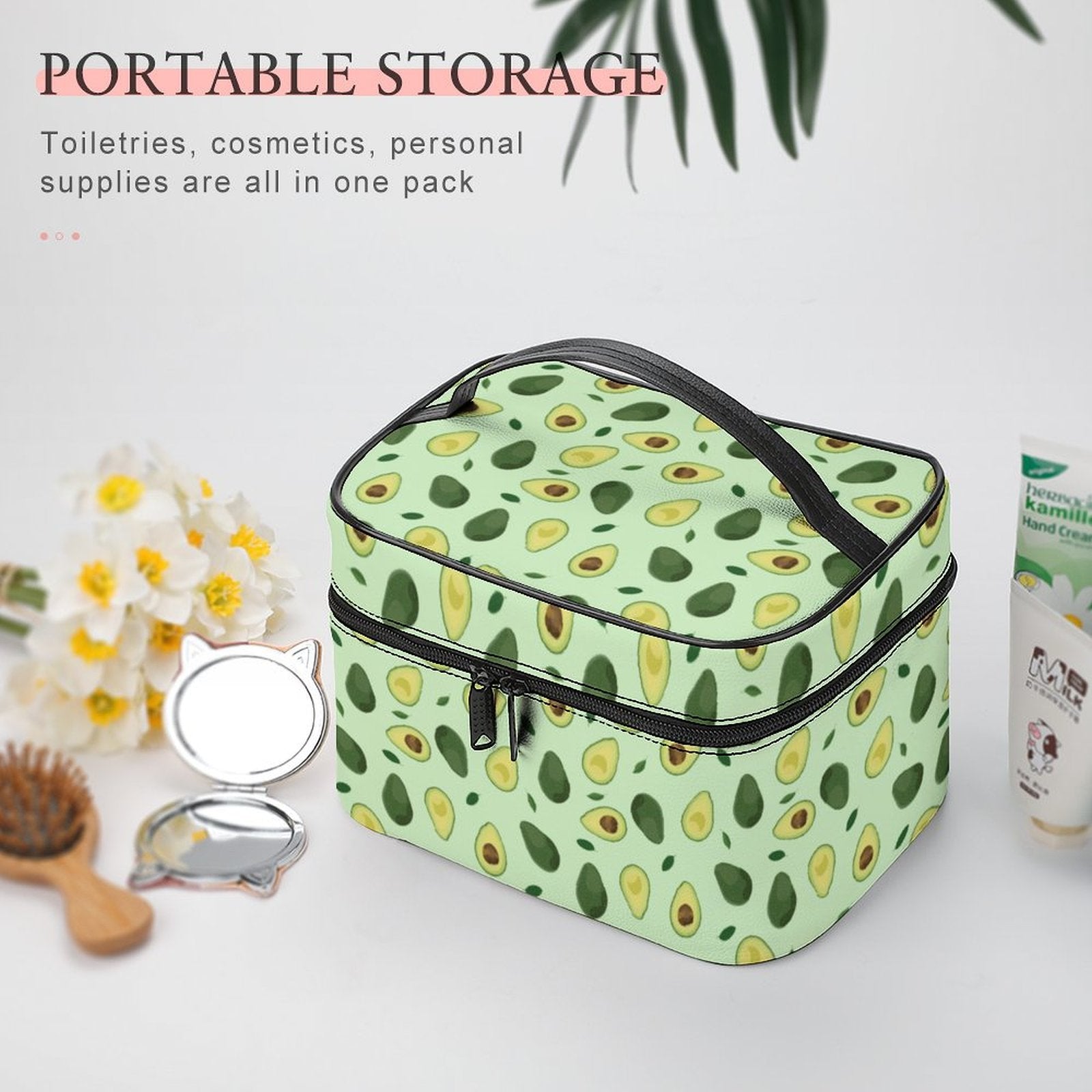 Portable storage makeup bag for toiletries and cosmetics, lifestyle view