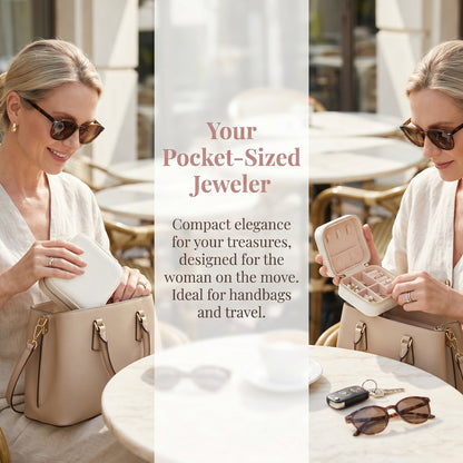 Woman putting compact velvet jewelry box in handbag