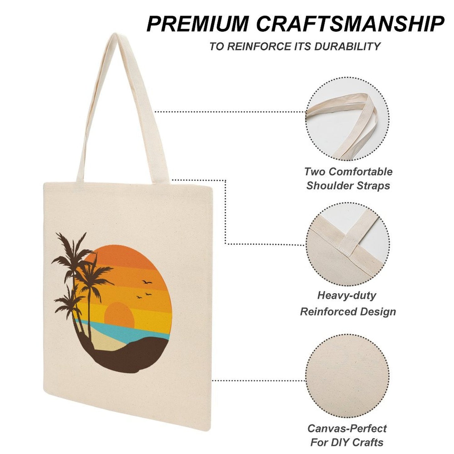Premium Canvas Tote Bag craftsmanship, heavy-duty reinforced design, shoulder straps.