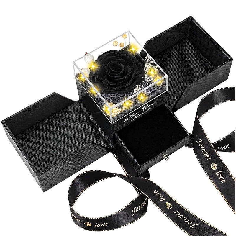 Preserved black rose jewelry gift box with drawer and lights for romantic gift.