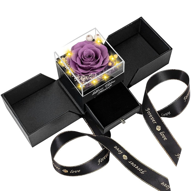 Preserved dark purple rose jewelry gift box with drawer and lights for romantic gift.