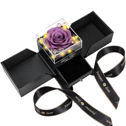 Preserved dark purple rose jewelry gift box with drawer and lights for romantic gift.