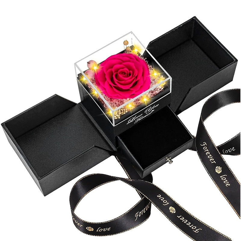 Preserved fuchsia rose jewelry gift box with drawer and lights for romantic gift.