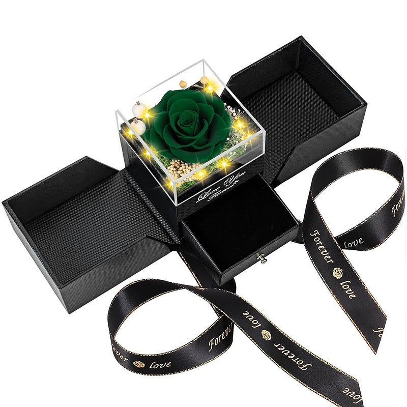 Preserved green rose jewelry gift box with drawer and lights for romantic gift.