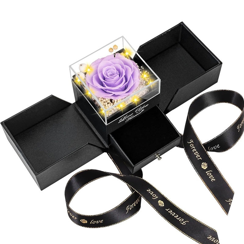 Preserved lavender rose jewelry gift box with drawer and lights for romantic gift.