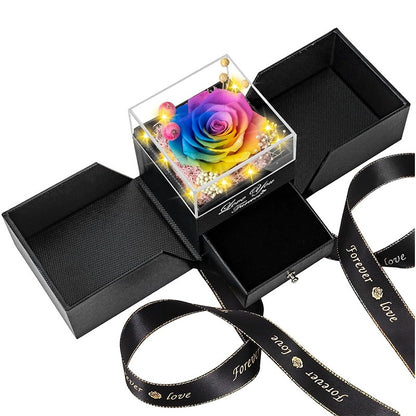 Preserved multi colored rose jewelry gift box with drawer and lights for romantic gift.