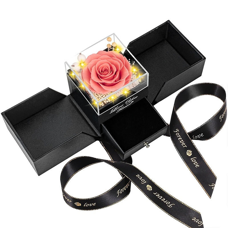 Preserved pink rose jewelry gift box with drawer and lights for romantic gift.