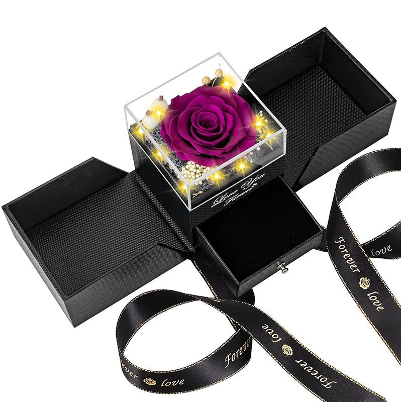 Preserved  purple rose jewelry gift box with drawer and lights for romantic gift.