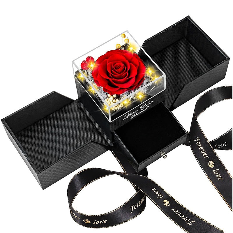 Preserved red rose jewelry gift box with drawer and lights for romantic gift.