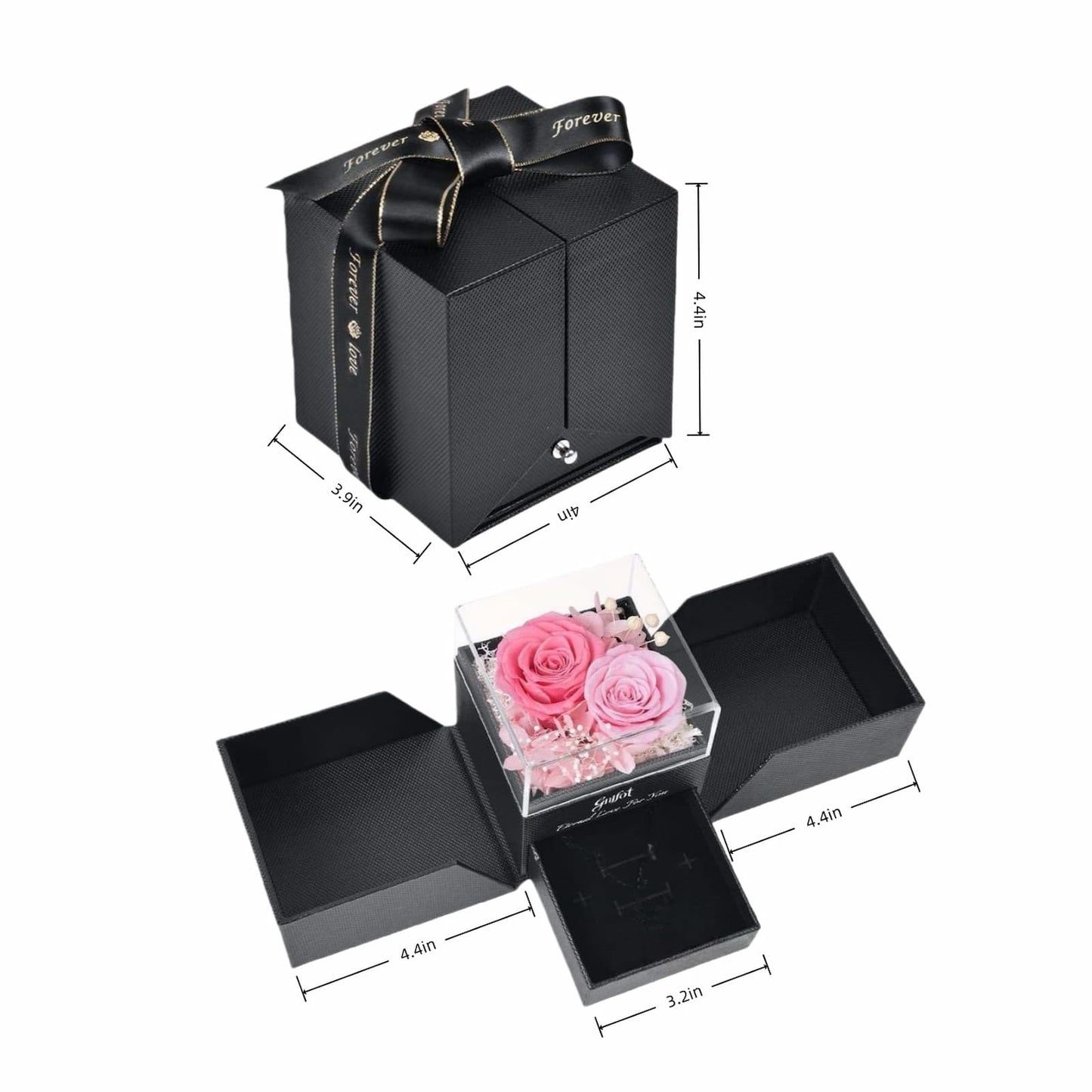 Size guide for preserved rose jewelry box: 3.9x4x4.4 inches closed.