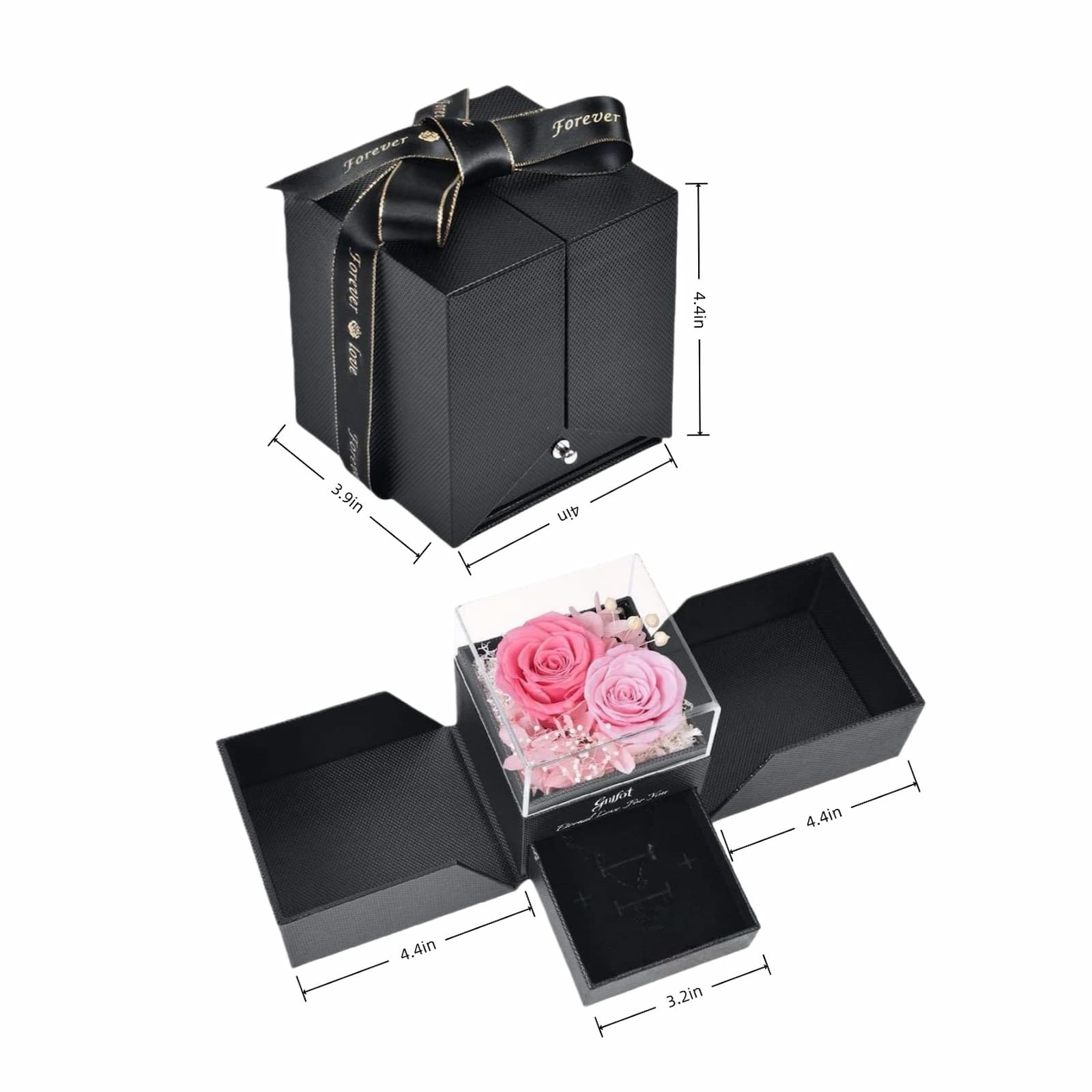 Size guide for preserved rose jewelry box: 3.9x4x4.4 inches closed.