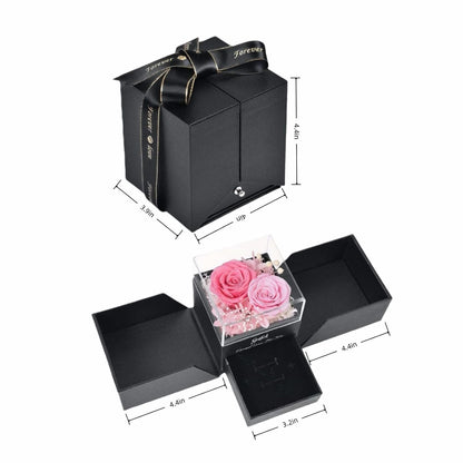 Size guide for preserved rose jewelry box: 3.9x4x4.4 inches closed.