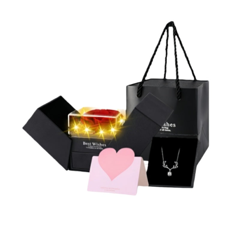 Preserved red rose jewelry box set with gift bag, heart card, and necklace.