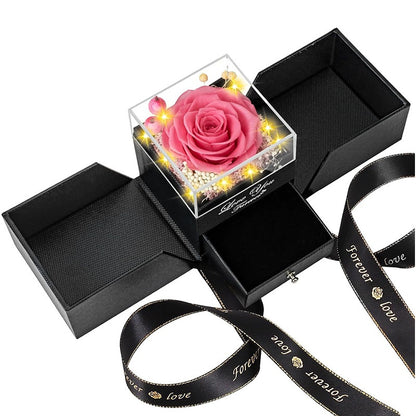 Preserved rose pink rose jewelry gift box with drawer and lights for romantic gift.
