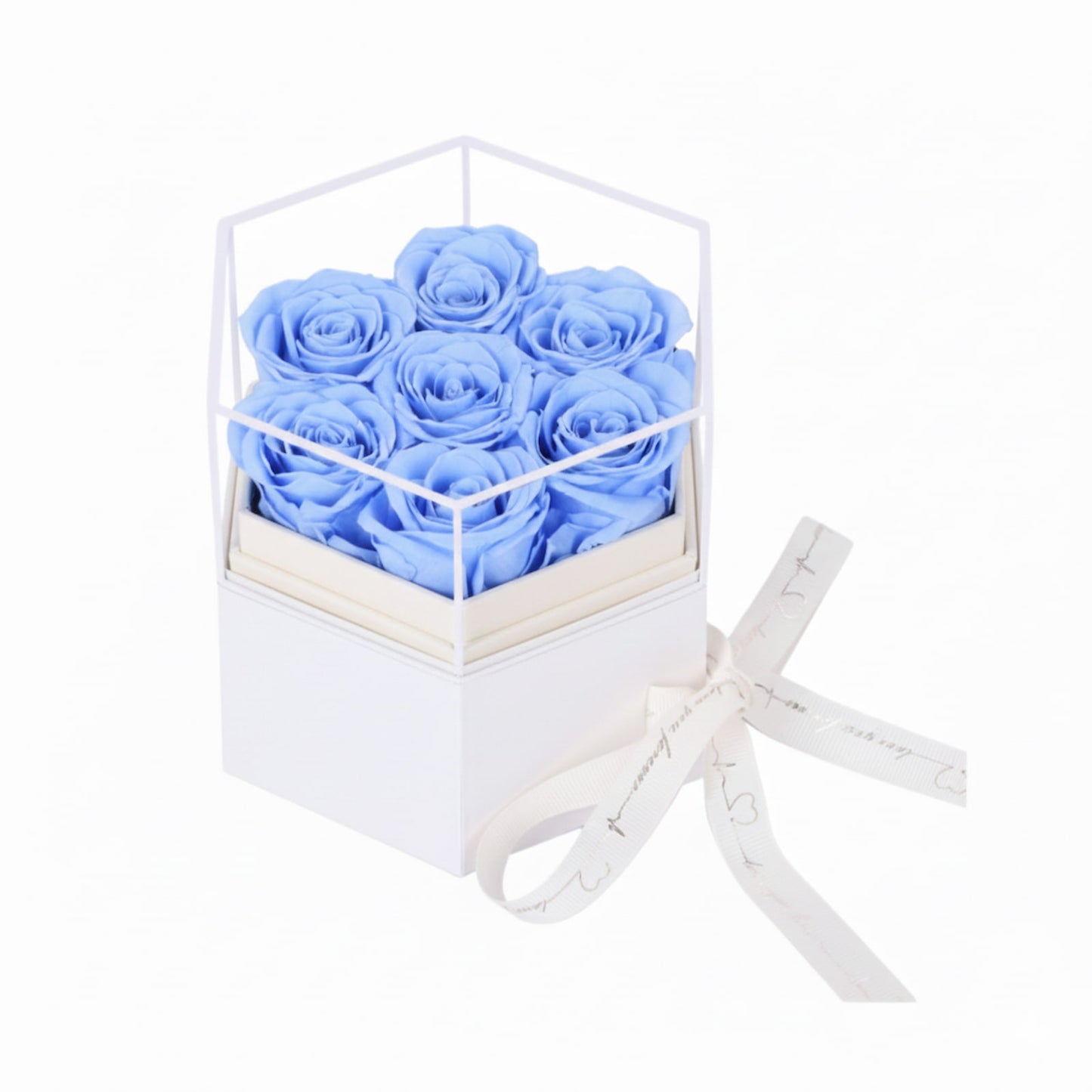 Sky Blue Immortal Roses in white Box; Eternal Flowers Delivery; Personalized Luxury Gift.
