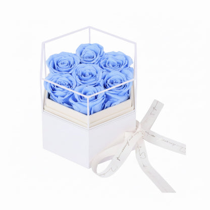 Sky Blue Immortal Roses in white Box; Eternal Flowers Delivery; Personalized Luxury Gift.