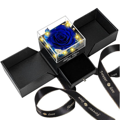 Preserved royal blue rose jewelry gift box with drawer and lights for romantic gift.