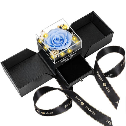 Preserved sky blue rose jewelry gift box with drawer and lights for romantic gift.