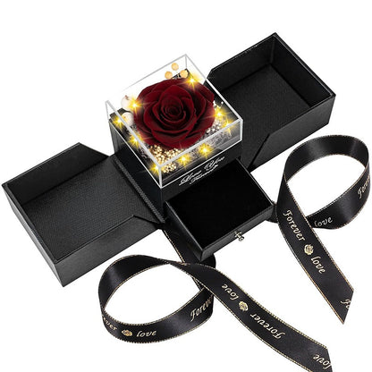 Preserved wine red rose jewelry gift box with drawer and lights for romantic gift.
