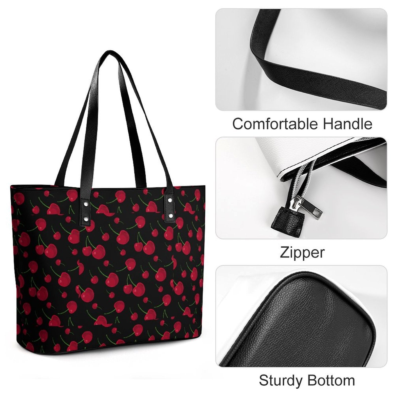 PU faux leather tote purse features: comfortable handle, zipper, sturdy bottom.