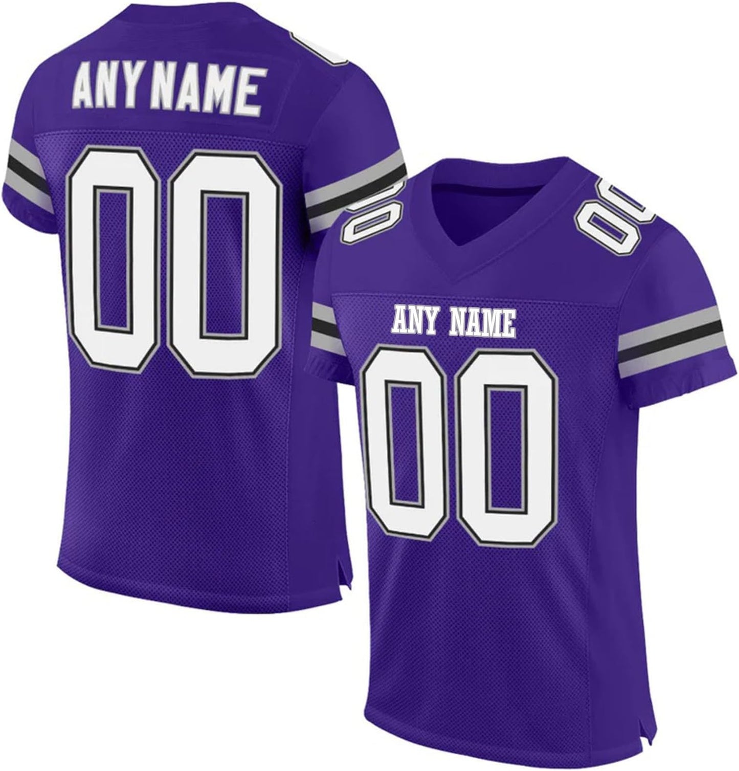 Custom Stitched Fan Uniform in purple grey, showing team name and large numbers.
