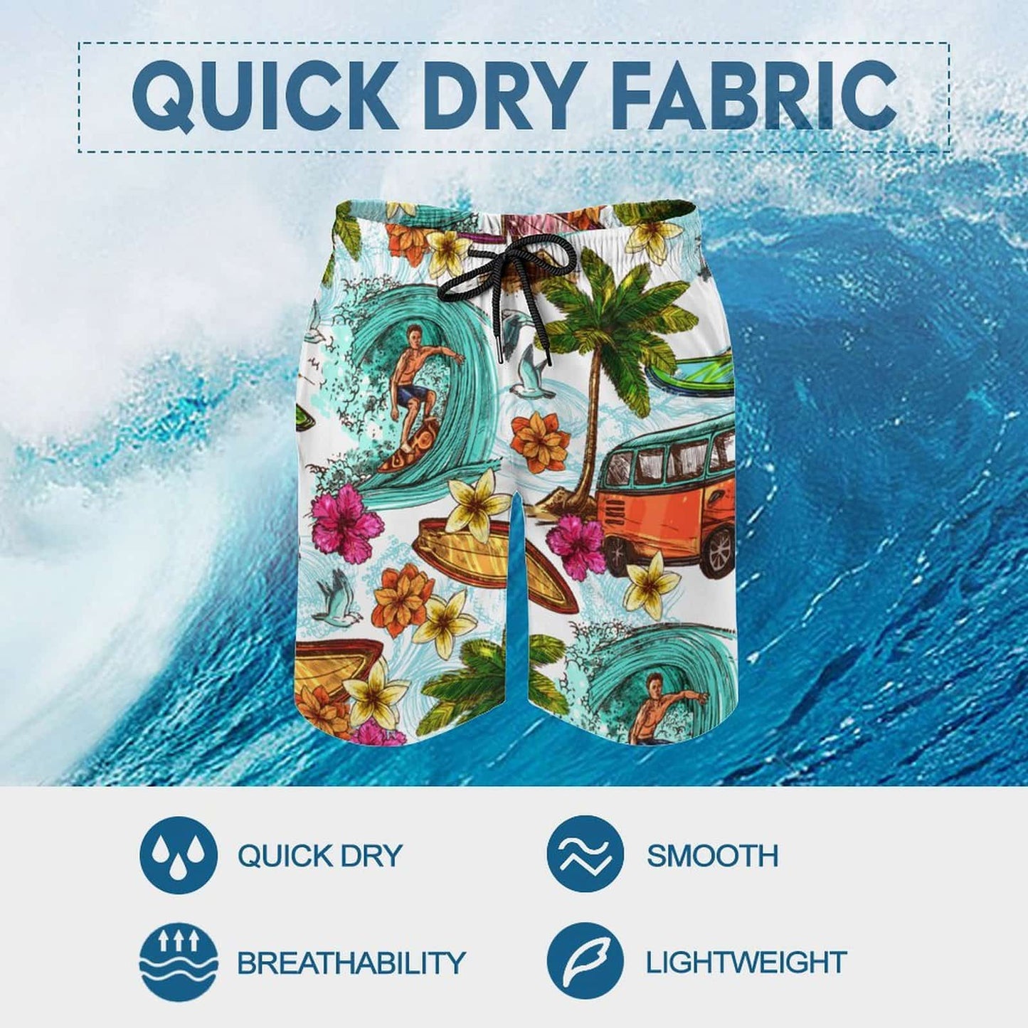 Swim trunks details: adjustable drawstring, quick dry fabric, and mesh pocket.