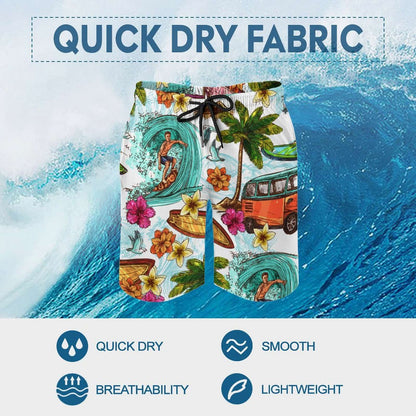 Swim trunks details: adjustable drawstring, quick dry fabric, and mesh pocket.