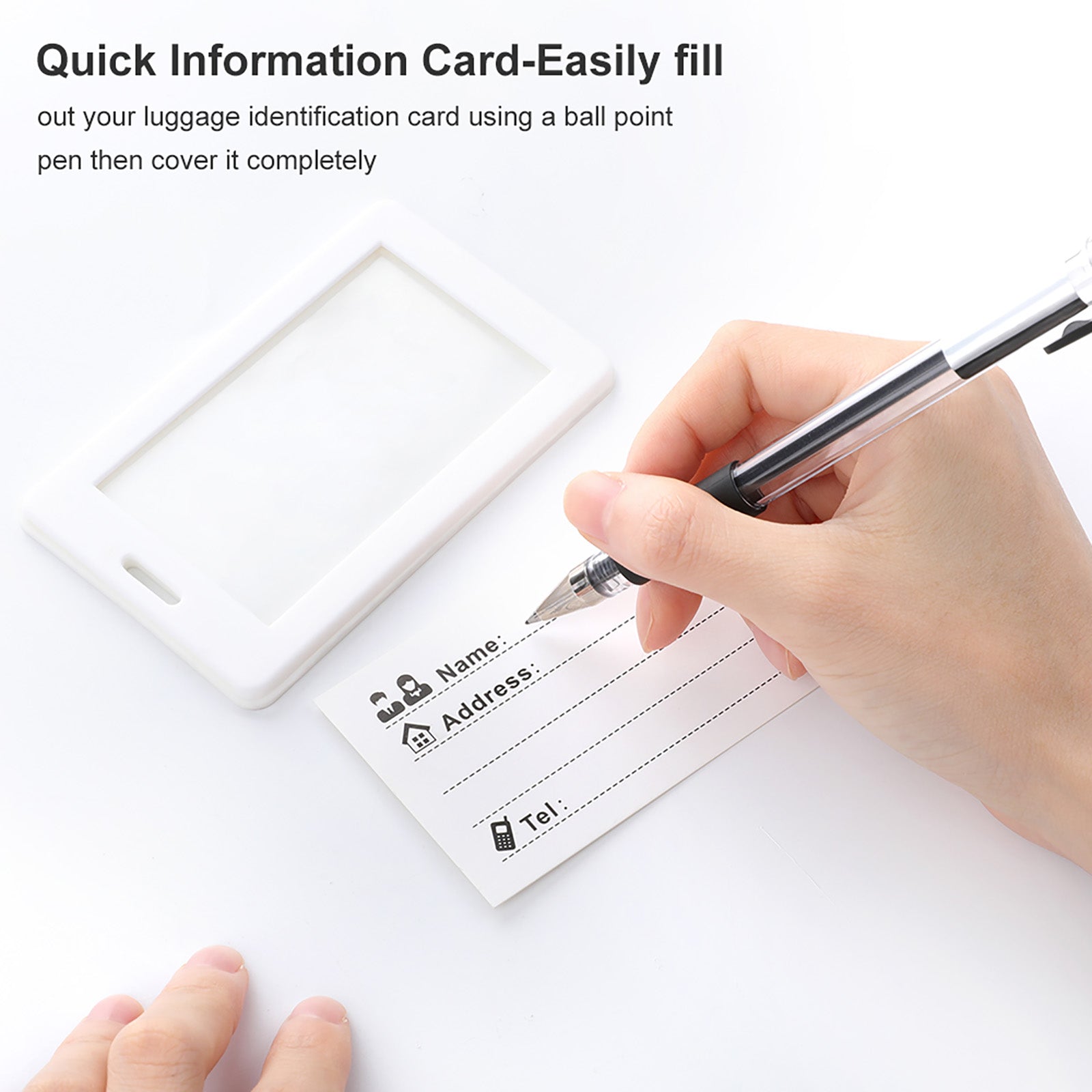 Quick-fill personalized luggage identification info card for travel security.