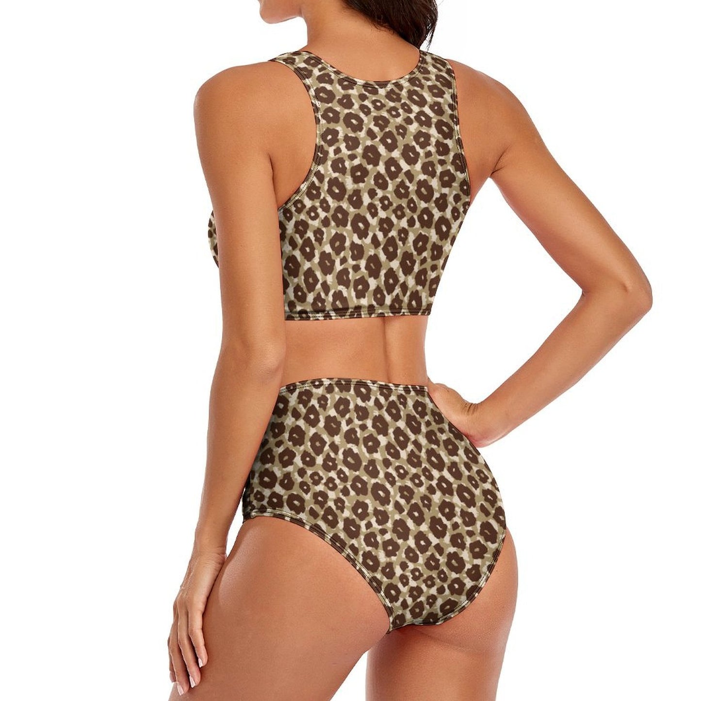 Back view of the Leopard Racerback Crop Top and High Waisted Bikini Bottom.