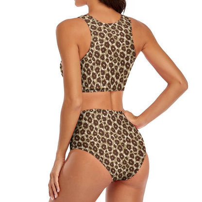 Back view of the Leopard Racerback Crop Top and High Waisted Bikini Bottom.