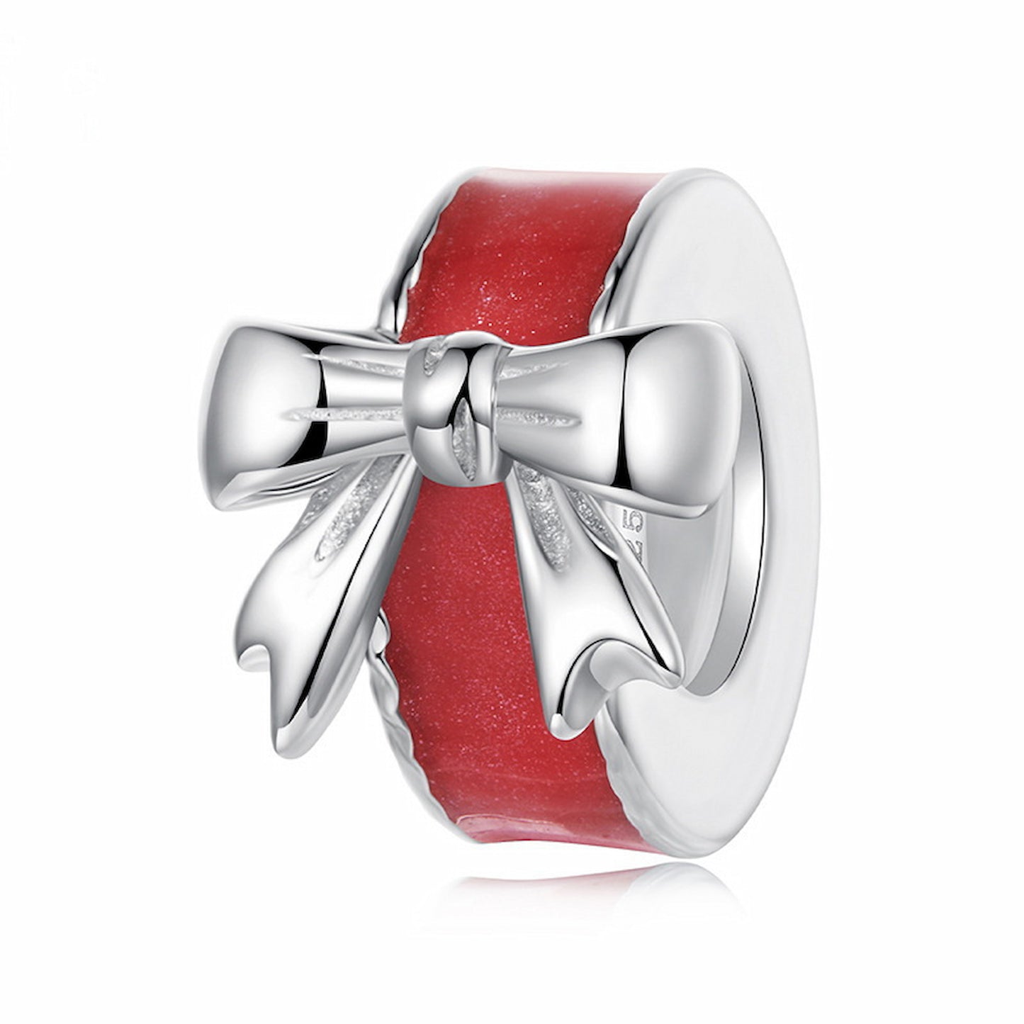 Red Enamel Bow Charm Bead, Sterling Silver, Custom Xmas Jewelry.