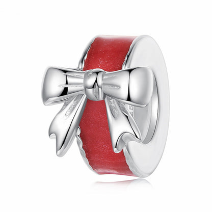 Red Enamel Bow Charm Bead, Sterling Silver, Custom Xmas Jewelry.