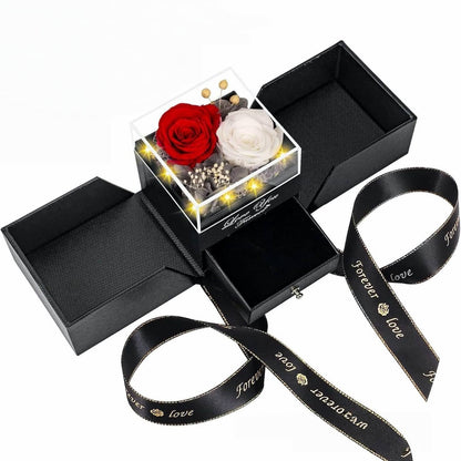 Red and white eternal roses featuring a pull-out jewelry storage drawer.