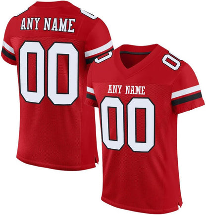 Custom Stitched Fan Uniform in red, white showing team name and large numbers.
