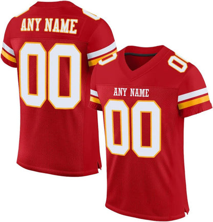 Custom Stitched Fan Uniform in red, yellow showing team name and large numbers.