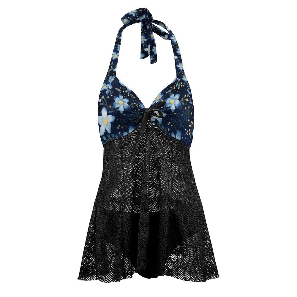 Personalized removable padded swim dress, floral print, flat lay, halter bow detail.