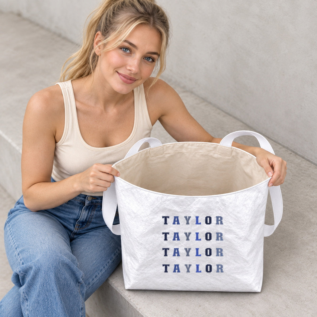 Personalized Repeated Varsity Name Tote Bag - material or size detail view