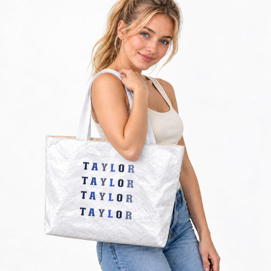 Personalized Repeated Varsity Name Tote Bag - outfit and styling view