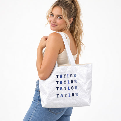 Personalized Repeated Varsity Name Tote Bag - gift and everyday carry scene