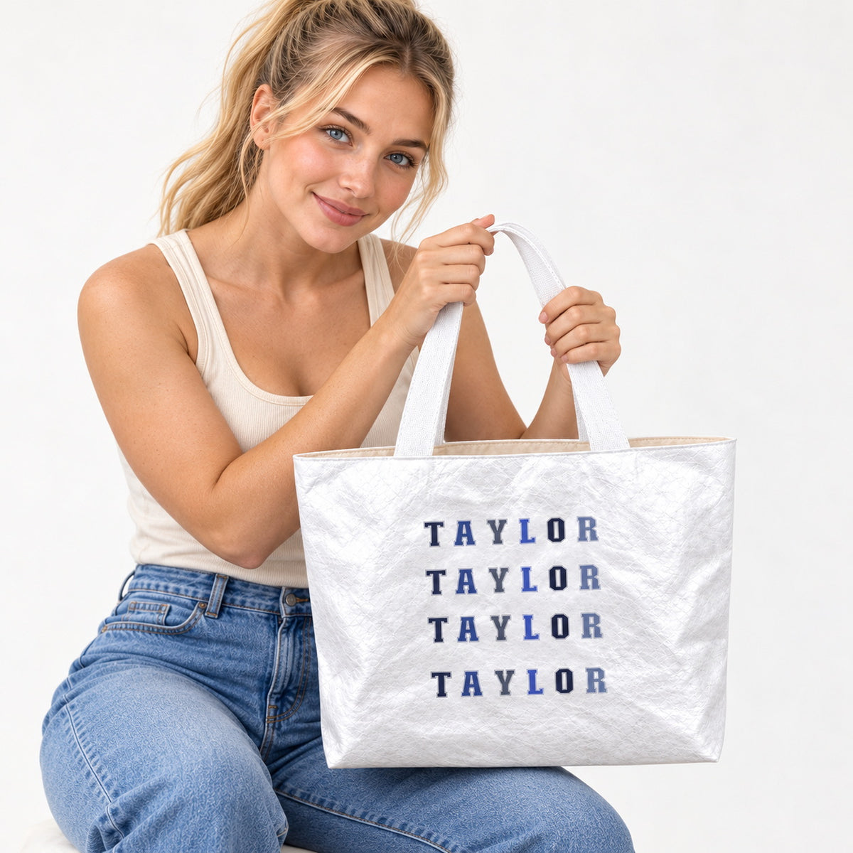 Personalized Repeated Varsity Name Tote Bag - personalization detail view