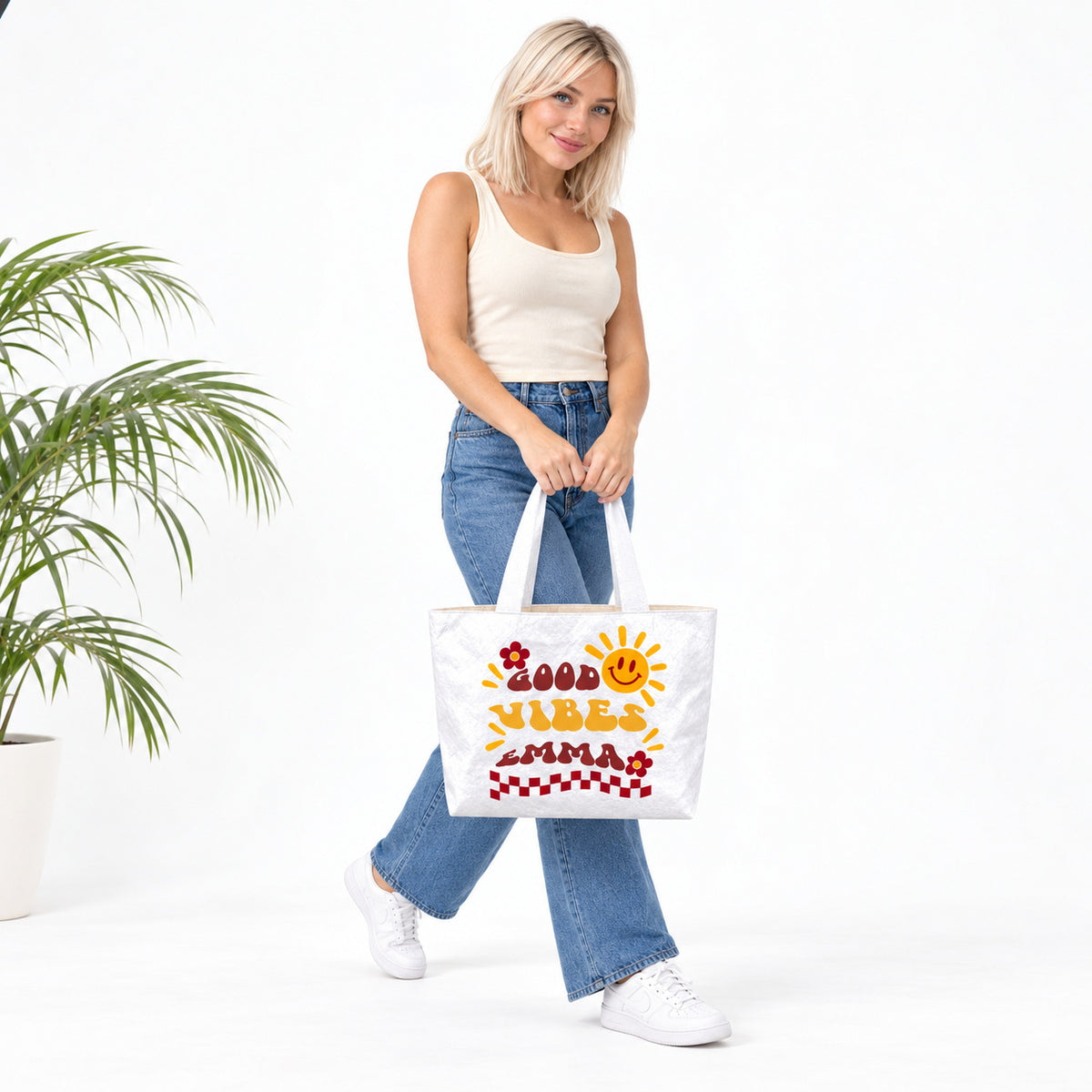 Personalized Retro Sunshine Tote Bag with Three Custom Text Lines - main product view