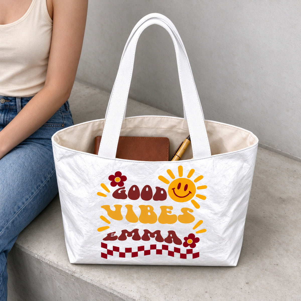 Personalized Retro Sunshine Tote Bag with Three Custom Text Lines - material or size detail view