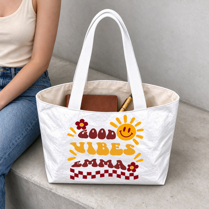 Personalized Retro Sunshine Tote Bag with Three Custom Text Lines - material or size detail view